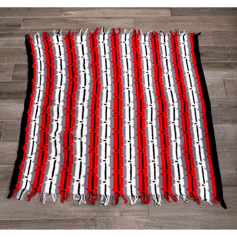 Handmade Crochet Throw Afghan 54x49 Red White Gray Geometric Fringed Retro Folk